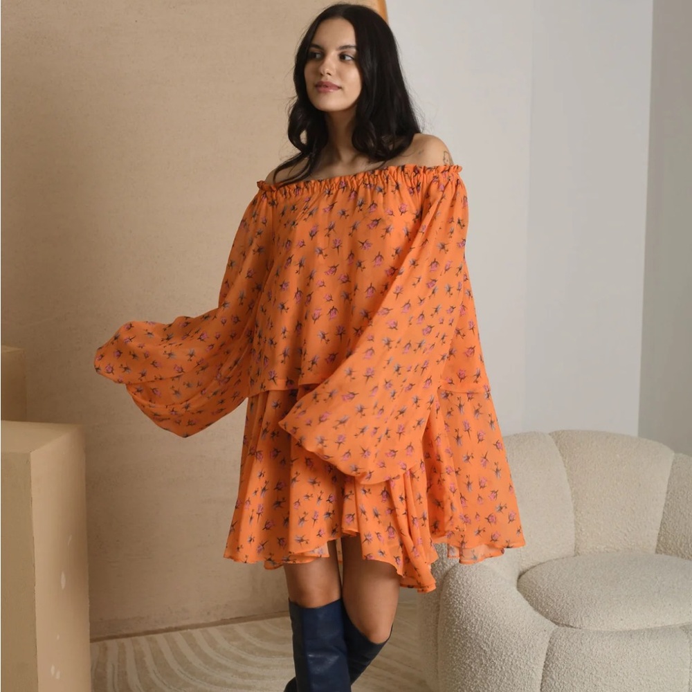 Rotate Birger Christensen Floral Mini Dress In Orange Chiffon